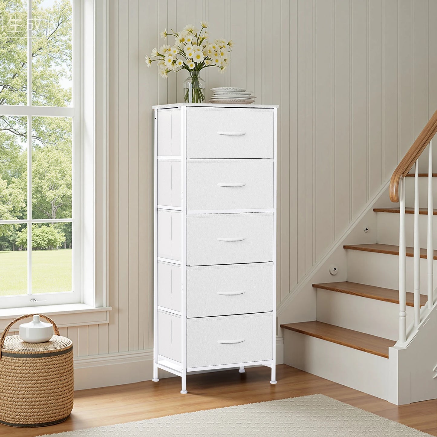 JHK Dresser With Five Fabric Drawers And Steel Frame
