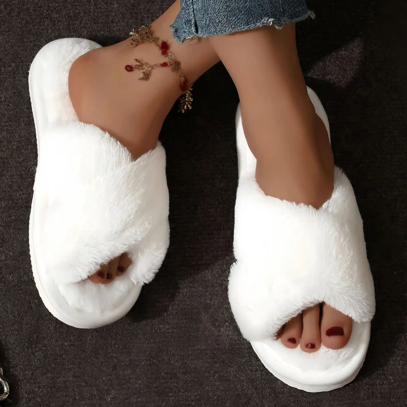 Lightweight Warm Furry Slippers For Women Non Slip Indoor Open Toe Shoes