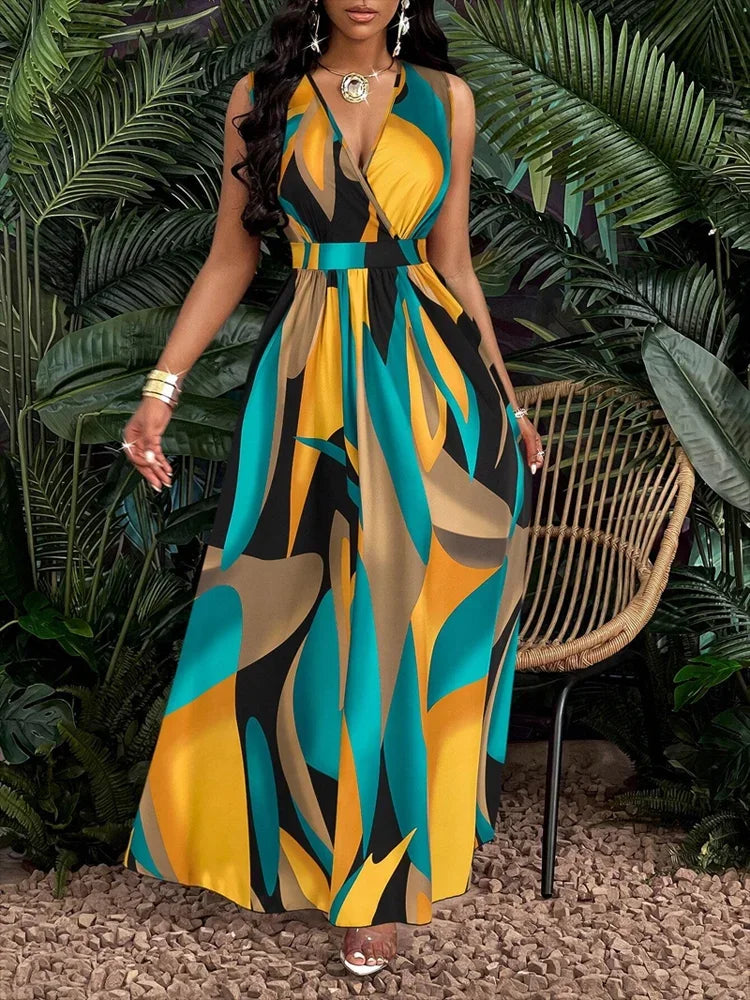 Womens Sleeveless V Neck Floor Length Dress With Abstract Print