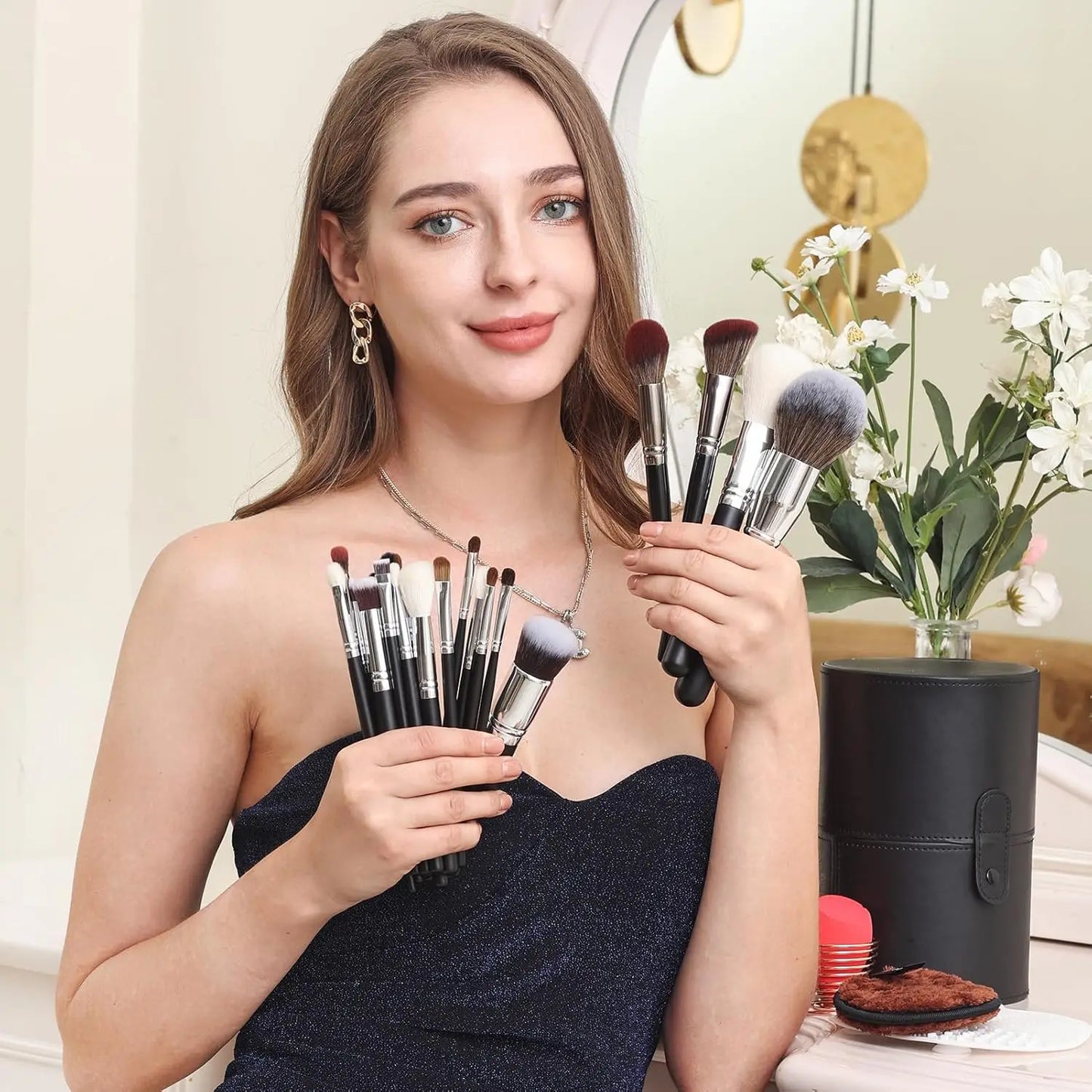 Deluxe 34 Piece Goat Hair Makeup Brush Set With Holder