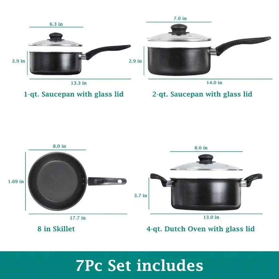 7 Piece Nonstick Cookware Set Modern Minimalist Black Matte Aluminum Pots And Pans Set Tempered Glass Lids Heat Resistant Handles Lightweight Cooking Set For Kitchen Gas Stove RV Home Essentials Housewarming Gift