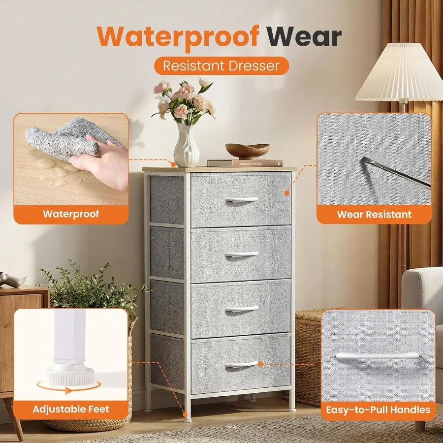 XIUWO Nightstand With 4 Fabric Drawers Modern Wood Top Cabinet