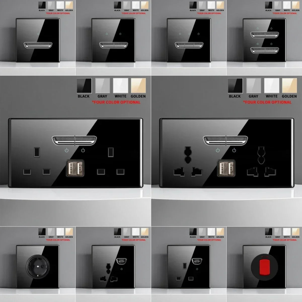 EU UK Crystal Tempered Glass Switch Panel LED Indicator