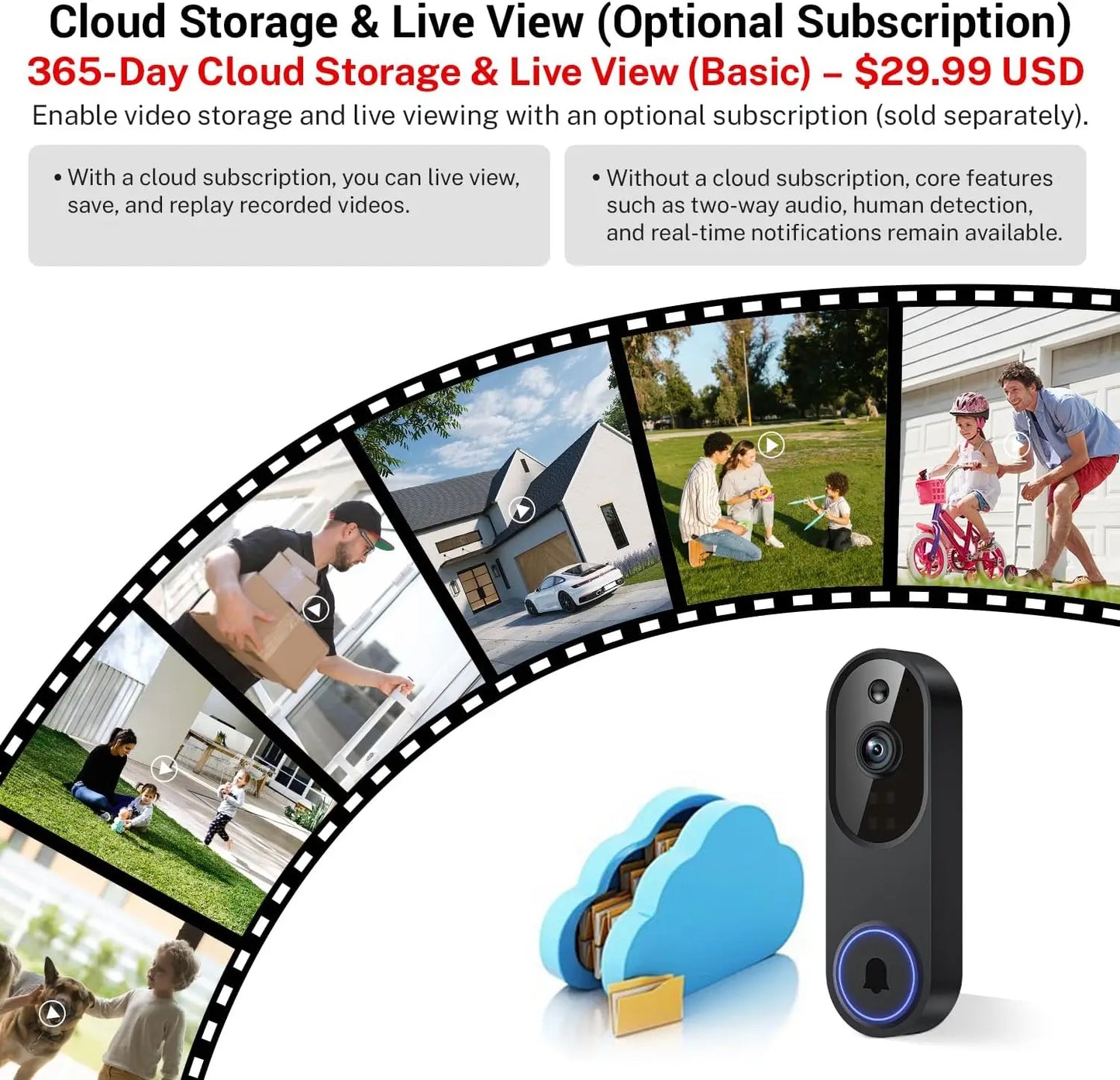 Wireless WiFi Doorbell Camera With Two Way Audio AI Motion Night Vision Storage