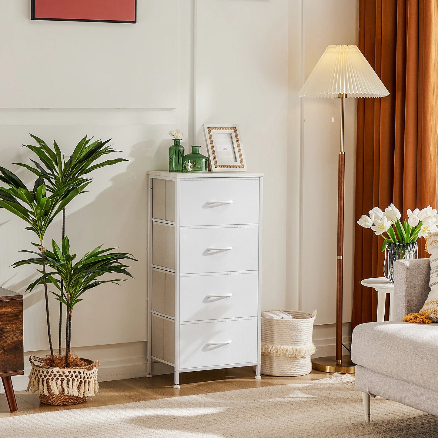 JHK Modern Bedroom Dresser With Four Fabric Drawers Nightstand