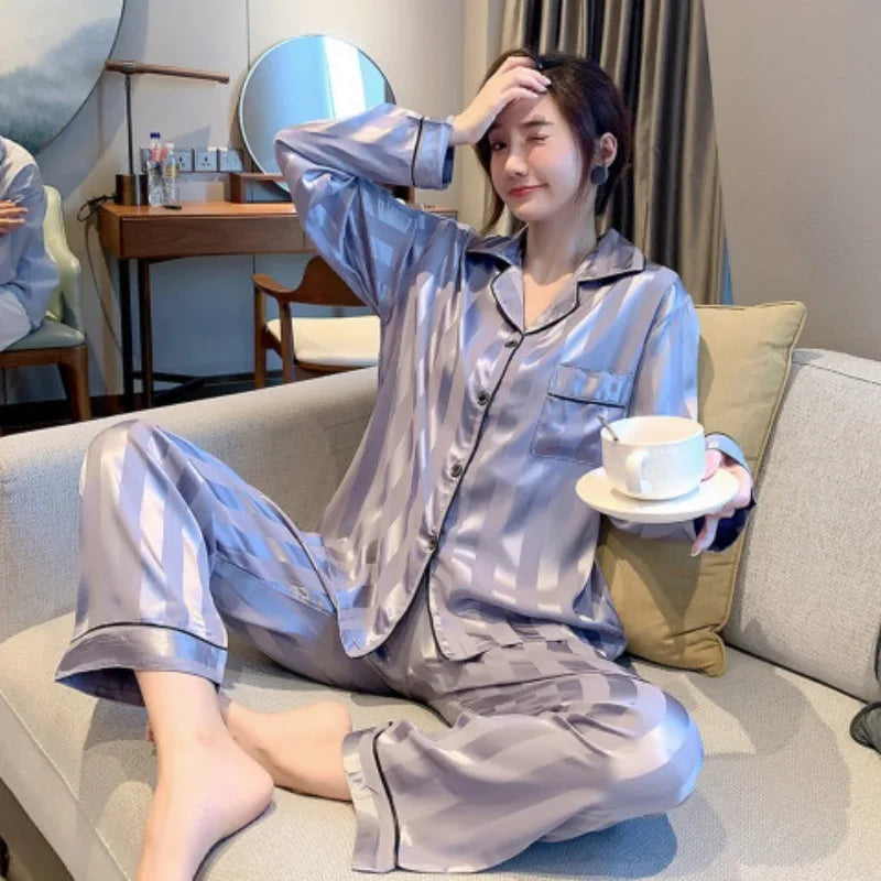 Women Satin Pajama Set Striped Two Piece Cardigan Roll Neck