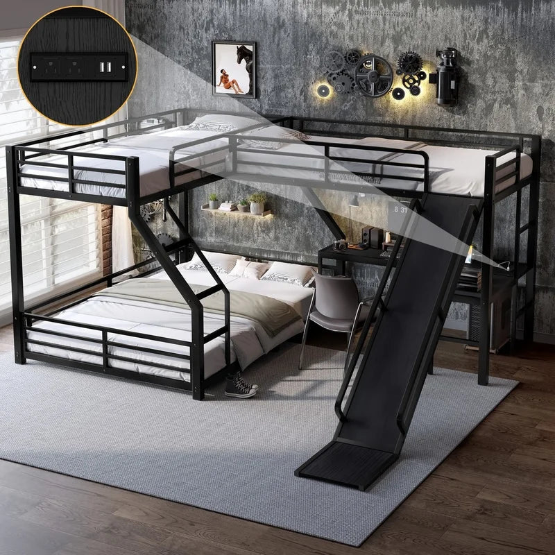 L-Shaped Bunk Bed With Loft, USB Charging, Metal Construction