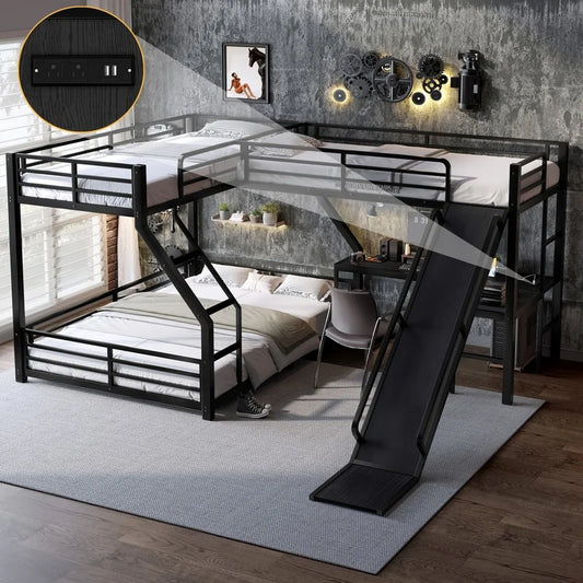 L-Shaped Bunk Bed With Loft, USB Charging, Metal Construction