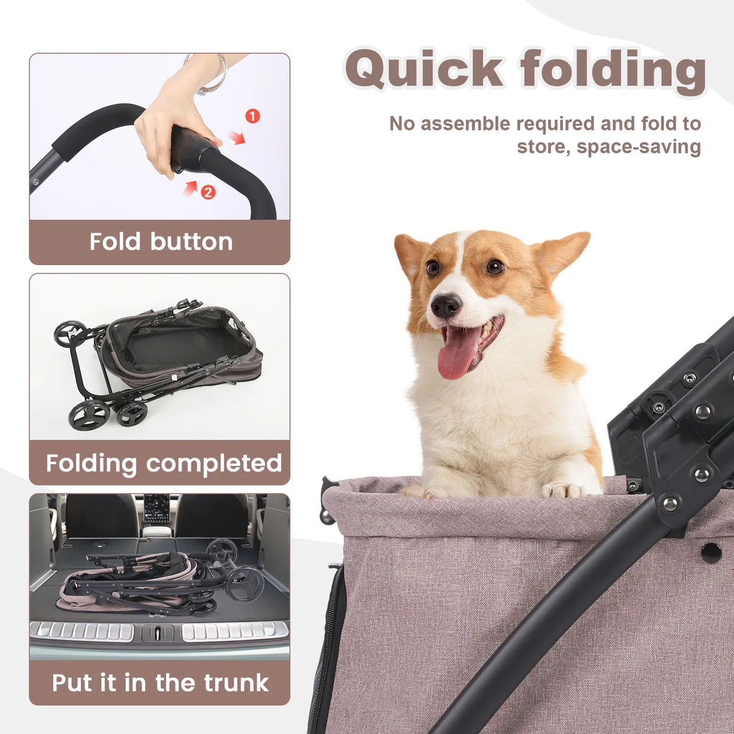 Foldable Dog Stroller Four Wheel Pet Pushchair Travel Carriage