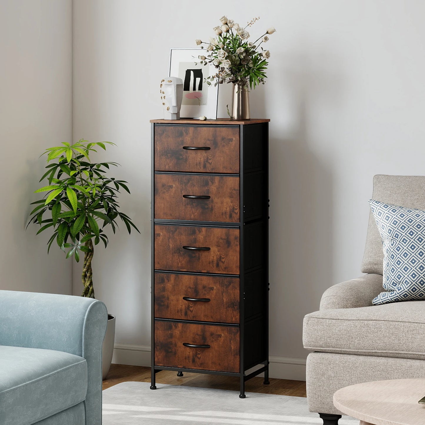JHK Dresser With Five Fabric Drawers And Steel Frame