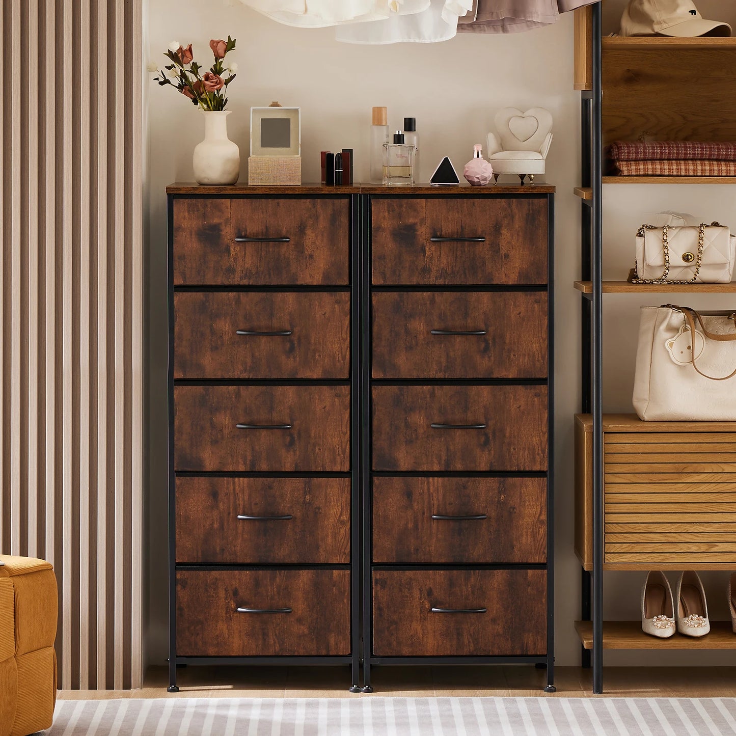 JHK Dresser With Five Fabric Drawers And Steel Frame