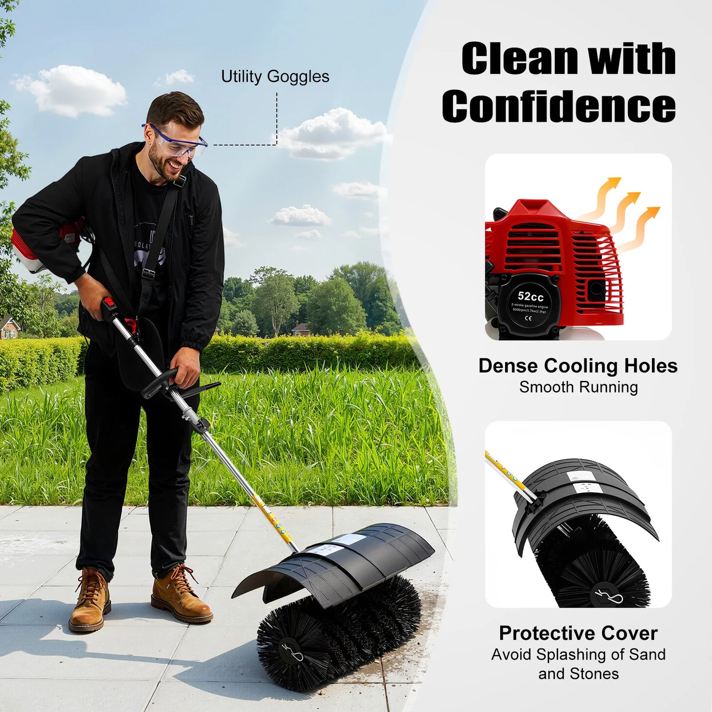 Gas Powered Walk Behind Sweeper Multi Surface Clean For Driveways