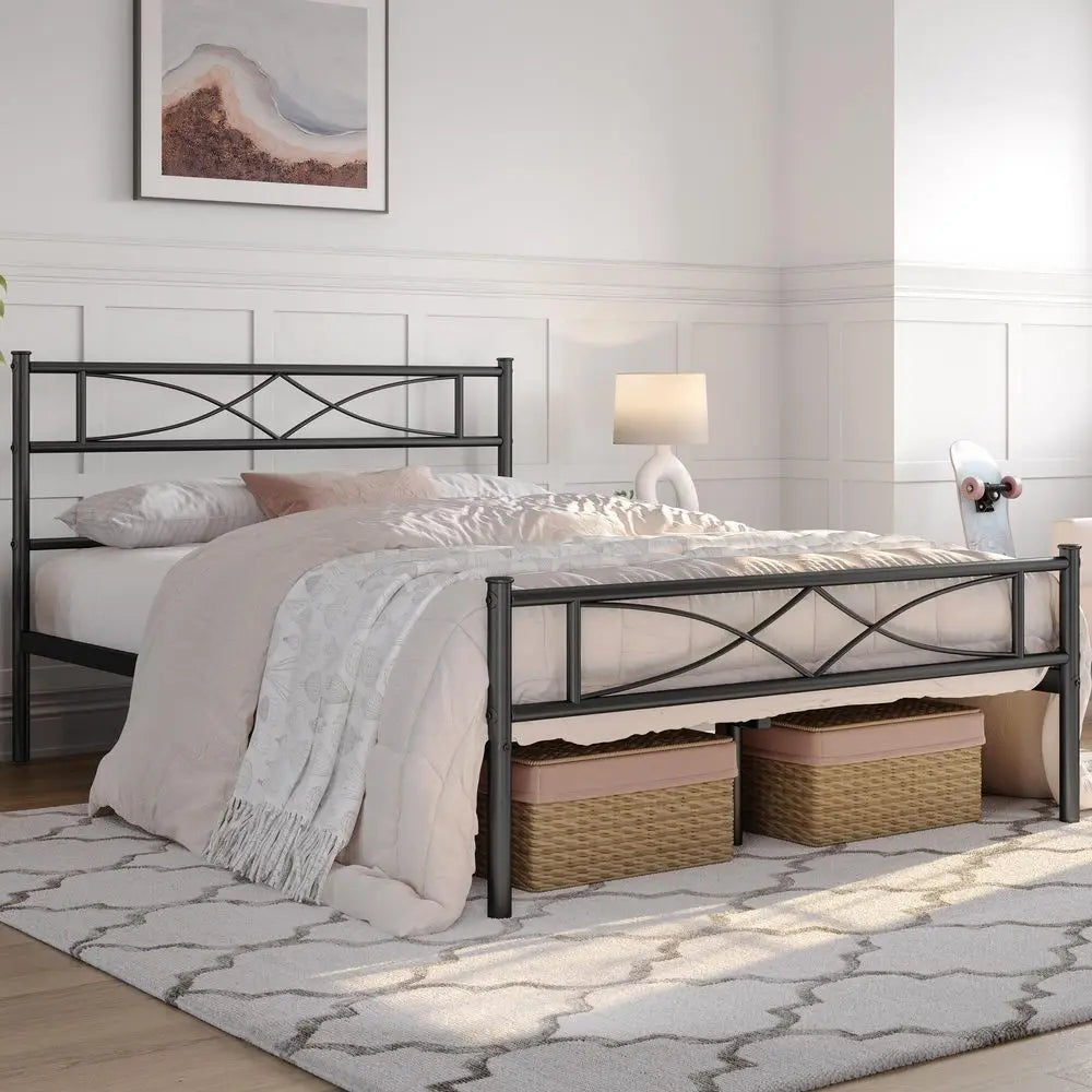 Metal Platform Bed Frame With Curved Headboard And Footboard