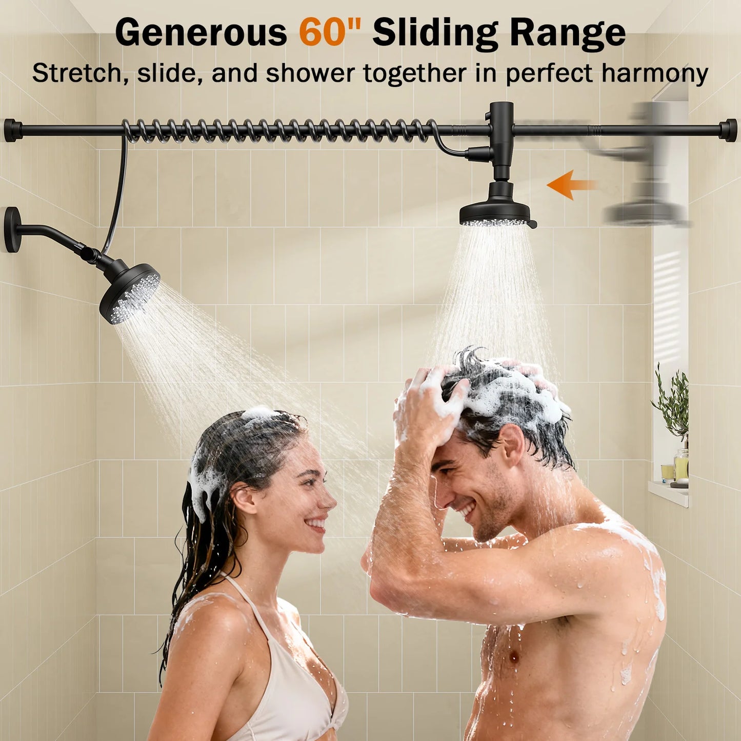 Tandem Dual Shower Head For Couples With Adjustable Slider