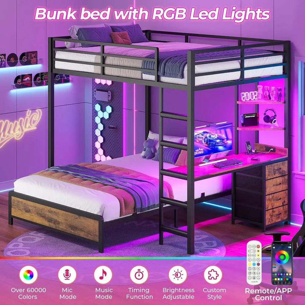 Bunk Bed With Desk, LED Lights, Storage And Charging