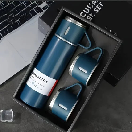 Vacuum-Insulated Stainless Steel Coffee Thermo Flask - 500ml Portable Silicone-Lidded Water Bottle with Cup, for Hot/Cold Drinks, Blue, 3-Cup Design, Bottled Beverage Travel Companion