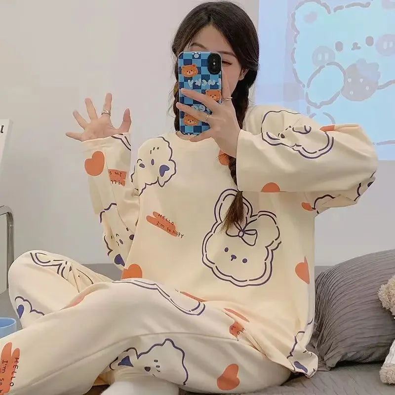 Women's Cartoon Print Pajama Set For Spring And Autumn