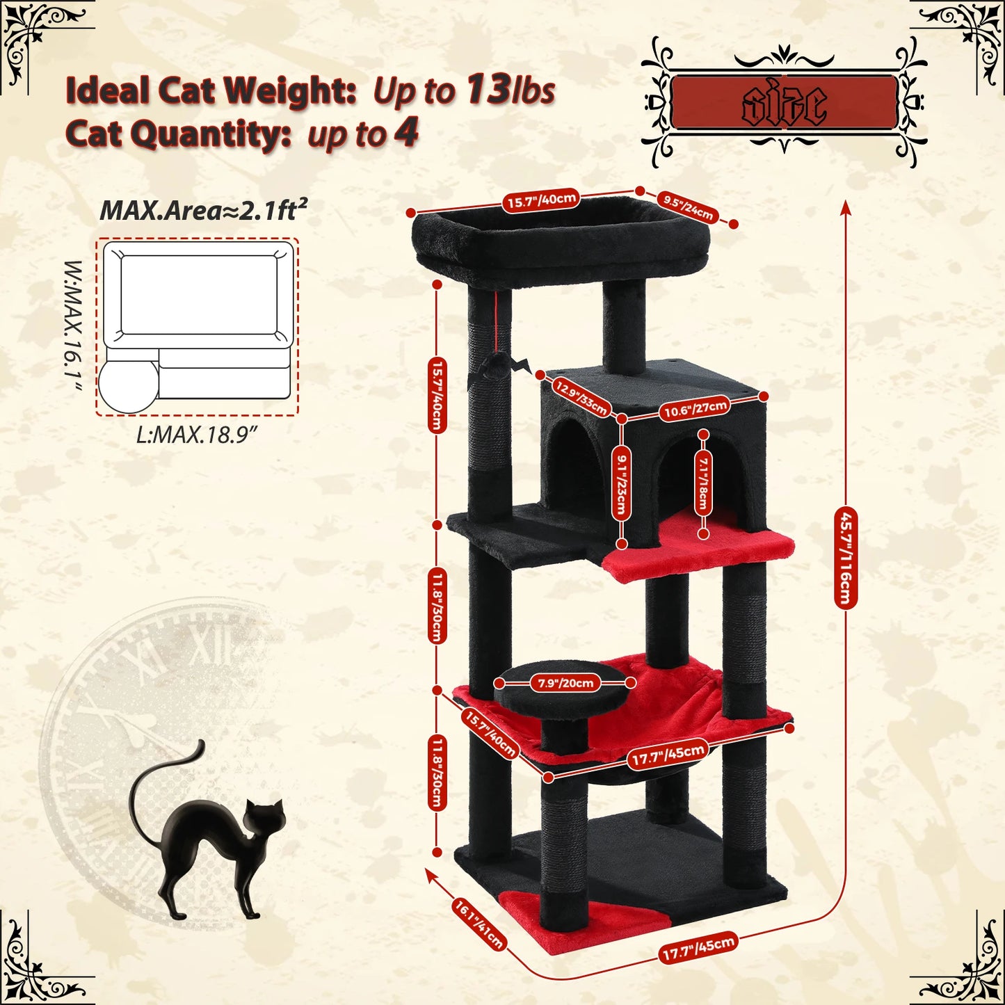 PAWZ Road Gothic Indoor Cat Tree Tower With Large Hammock Sisal Scratching Post