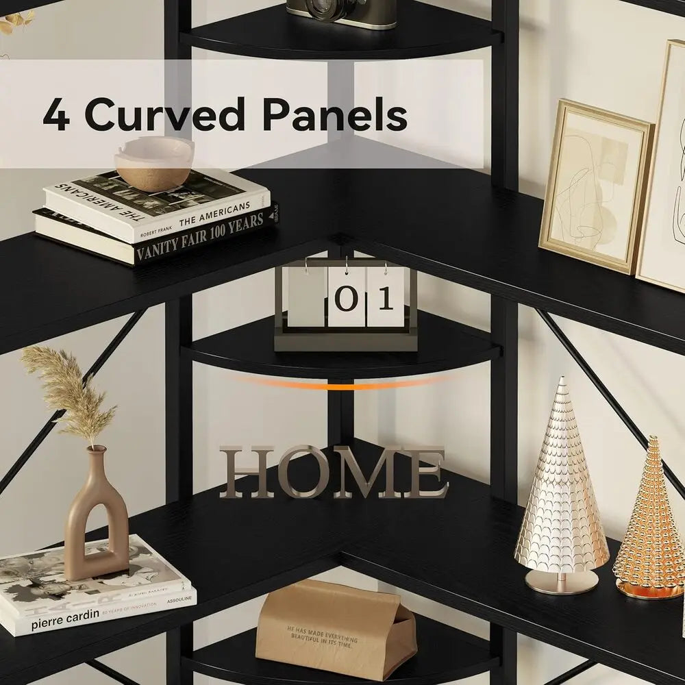 IRONCK Industrial 5-Tier Corner L-Shaped Bookcase With Curved Panels