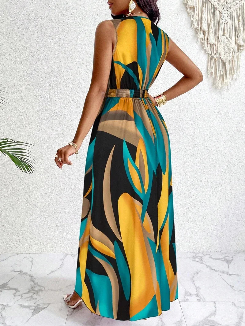 Womens Sleeveless V Neck Floor Length Dress With Abstract Print