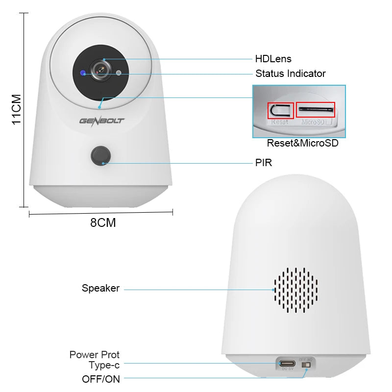 Genbolt 5000mAh Battery 2K Indoor Pan Tilt Security Camera PIR WiFi