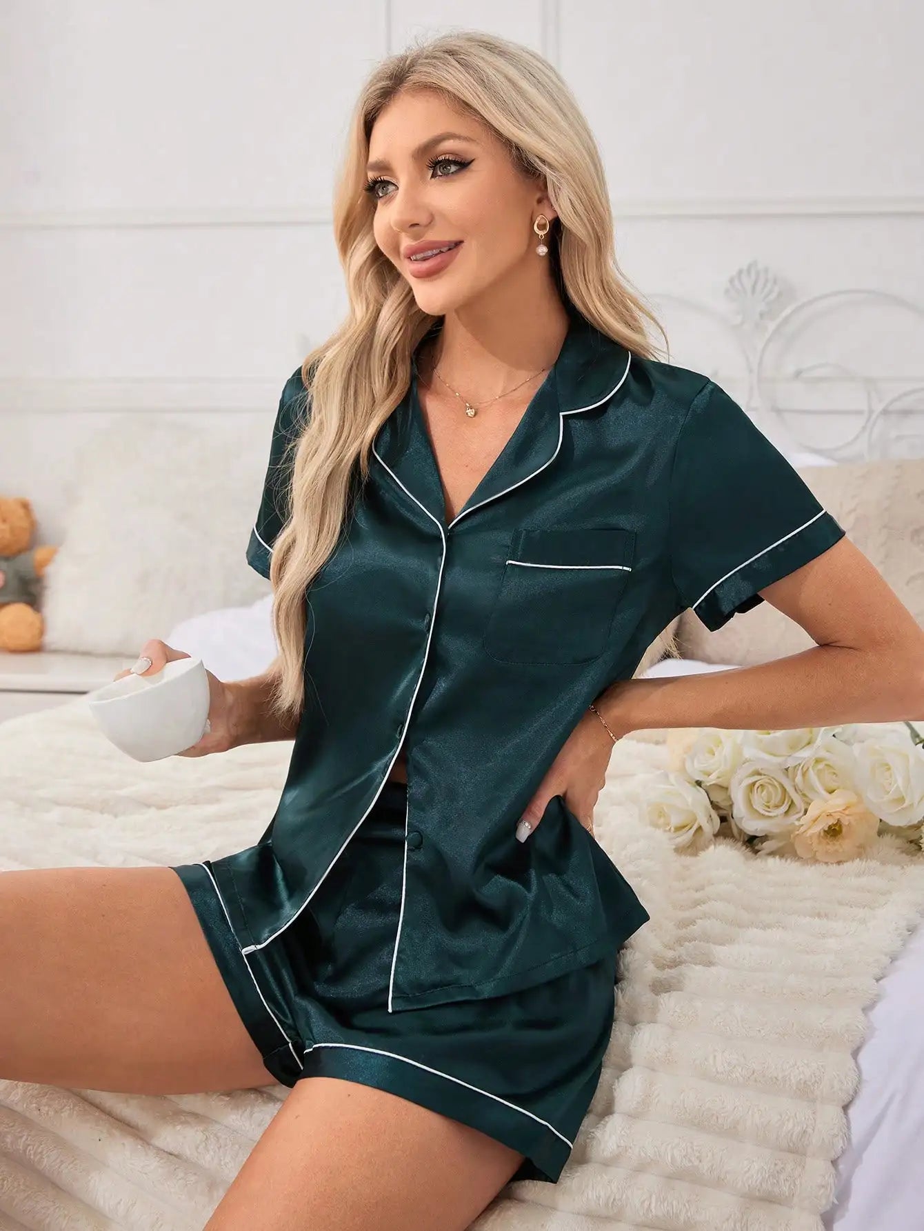 Satin Pajama Set With Lapel Collar Button Front Piping
