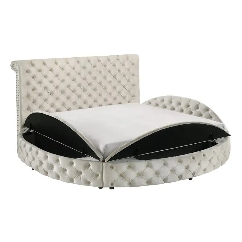 Queen Size Ivory Velvet Button-Tufted Storage Bed Set with 2 Nightstands - Wooden Bedroom Furniture 3pc Set