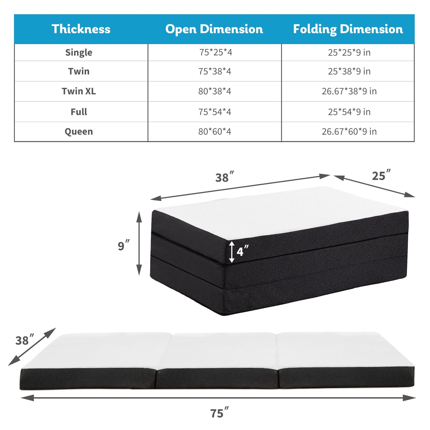 JHK Three Fold Portable Floor Bed CertiPURUS Certified For Travel