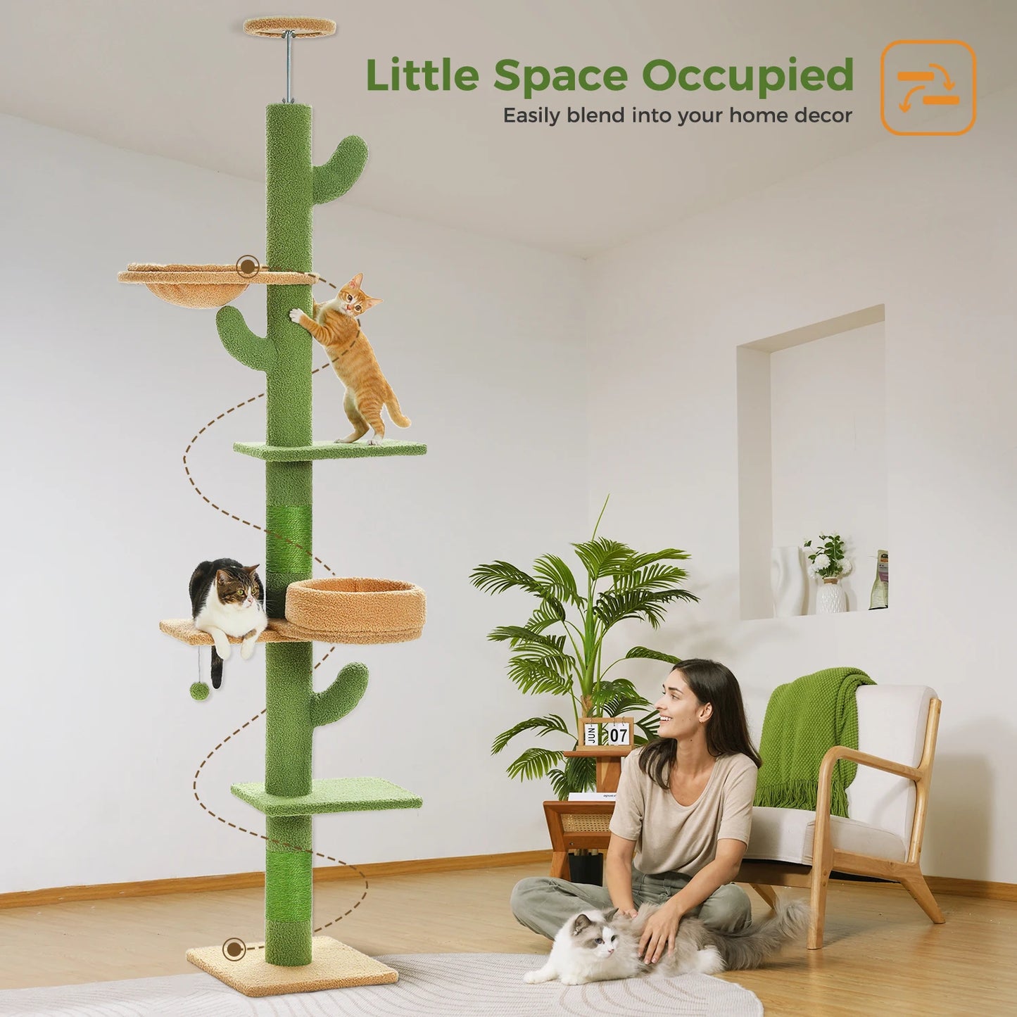 PEQULTI Adjustable Height Cactus Cat Tree For Indoor Cats With Hammock