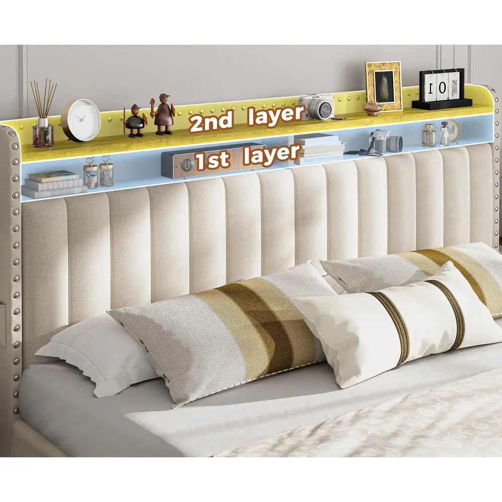 King Size Bed Frame with 4 Storage Drawers, 2Tier Vertical Tufted Storage Headboard, Platform King Bed Frame with Wooden Slats