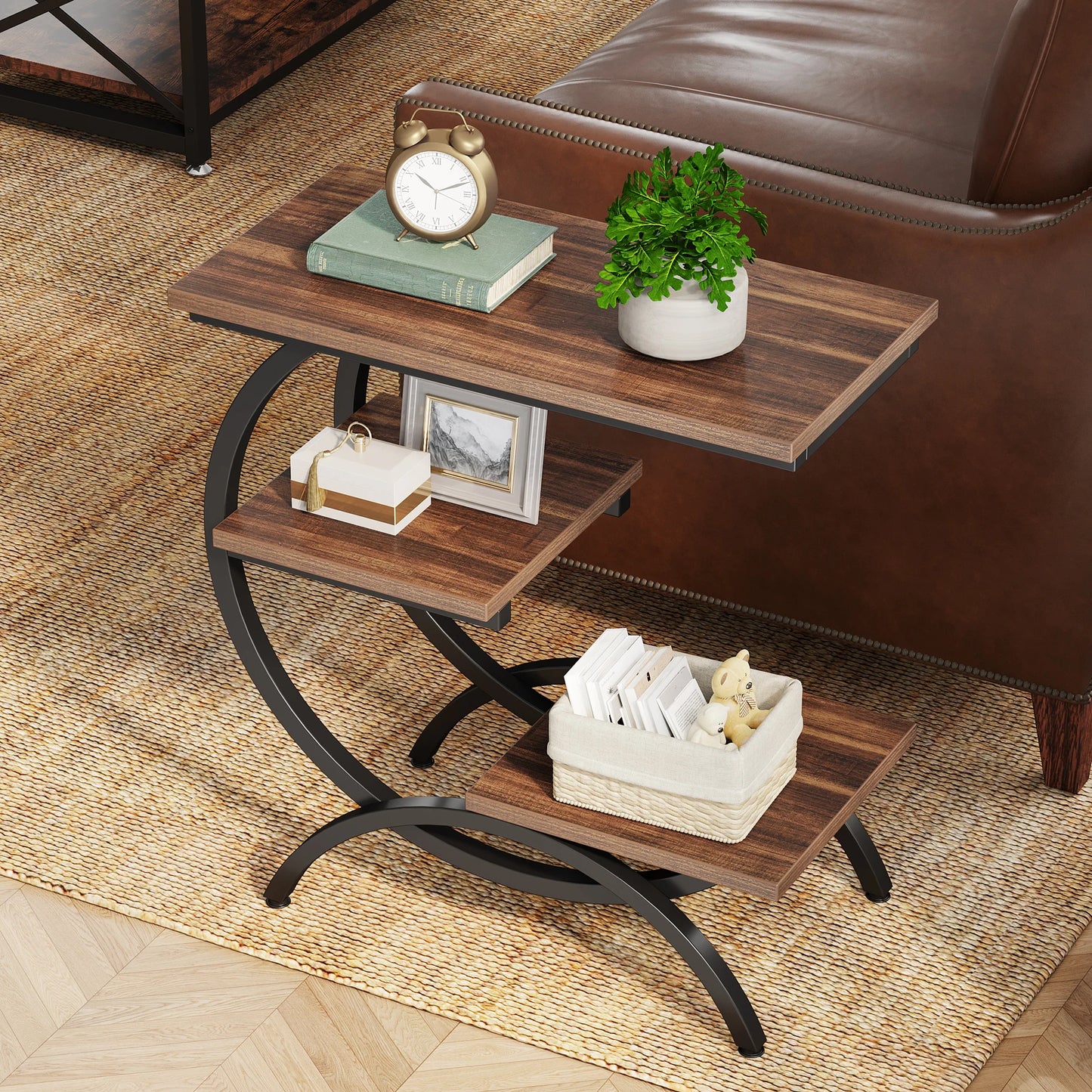 Tribesigns C Shaped End Table With Industrial Style Shelves