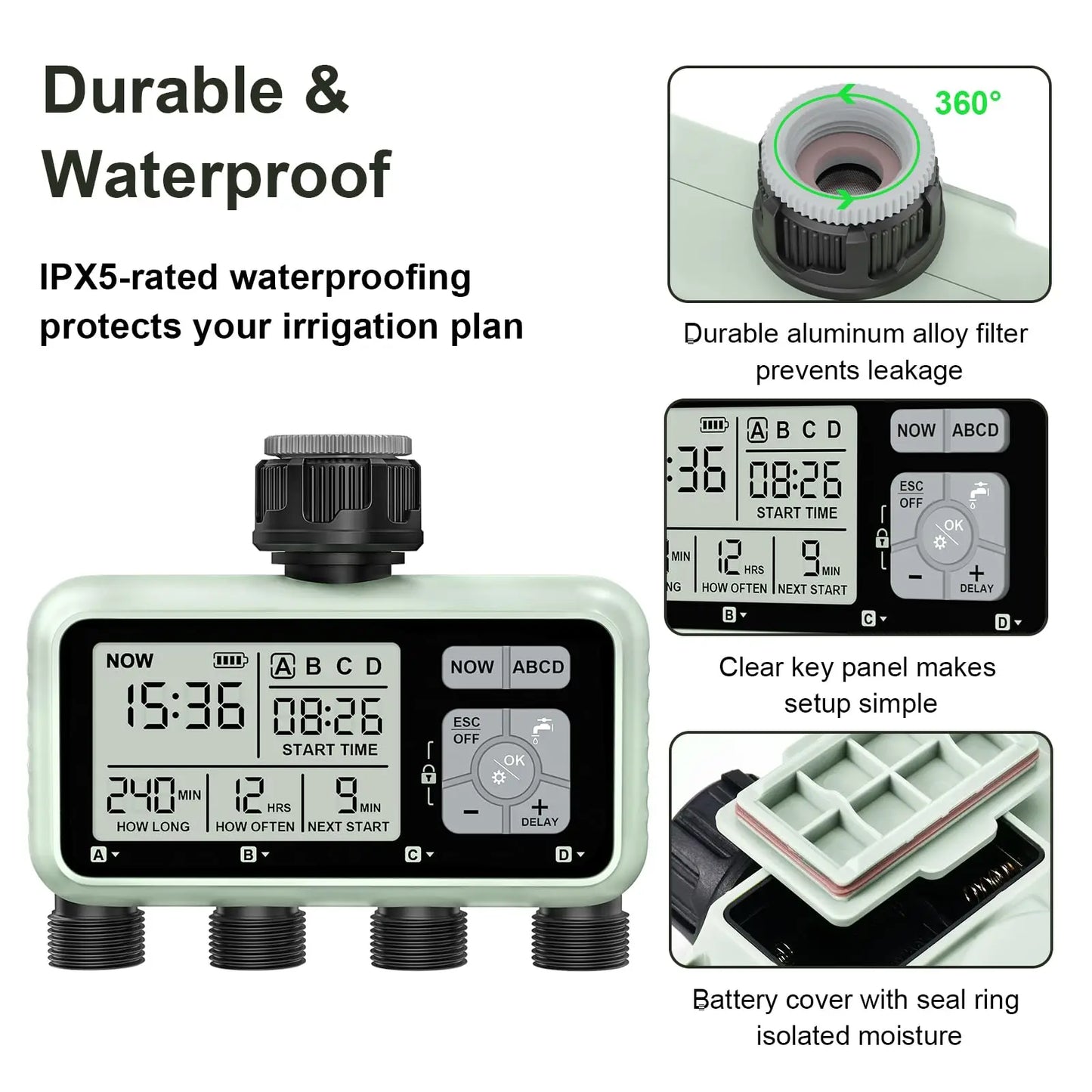 4 Zone Programmable Garden Watering Timer With Rain Delay