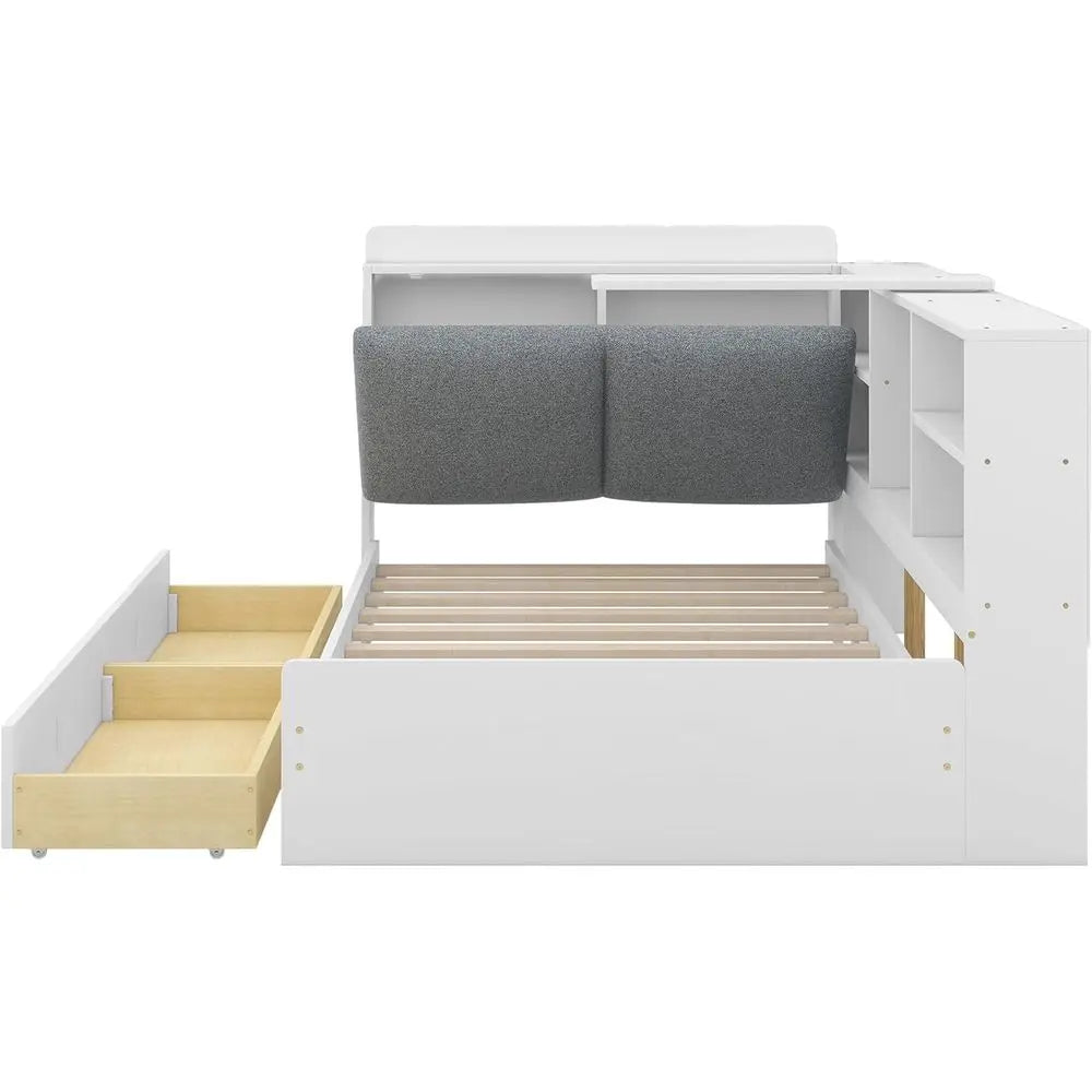 Daybed With Storage Drawers And Bookcase Wood Bed Frame