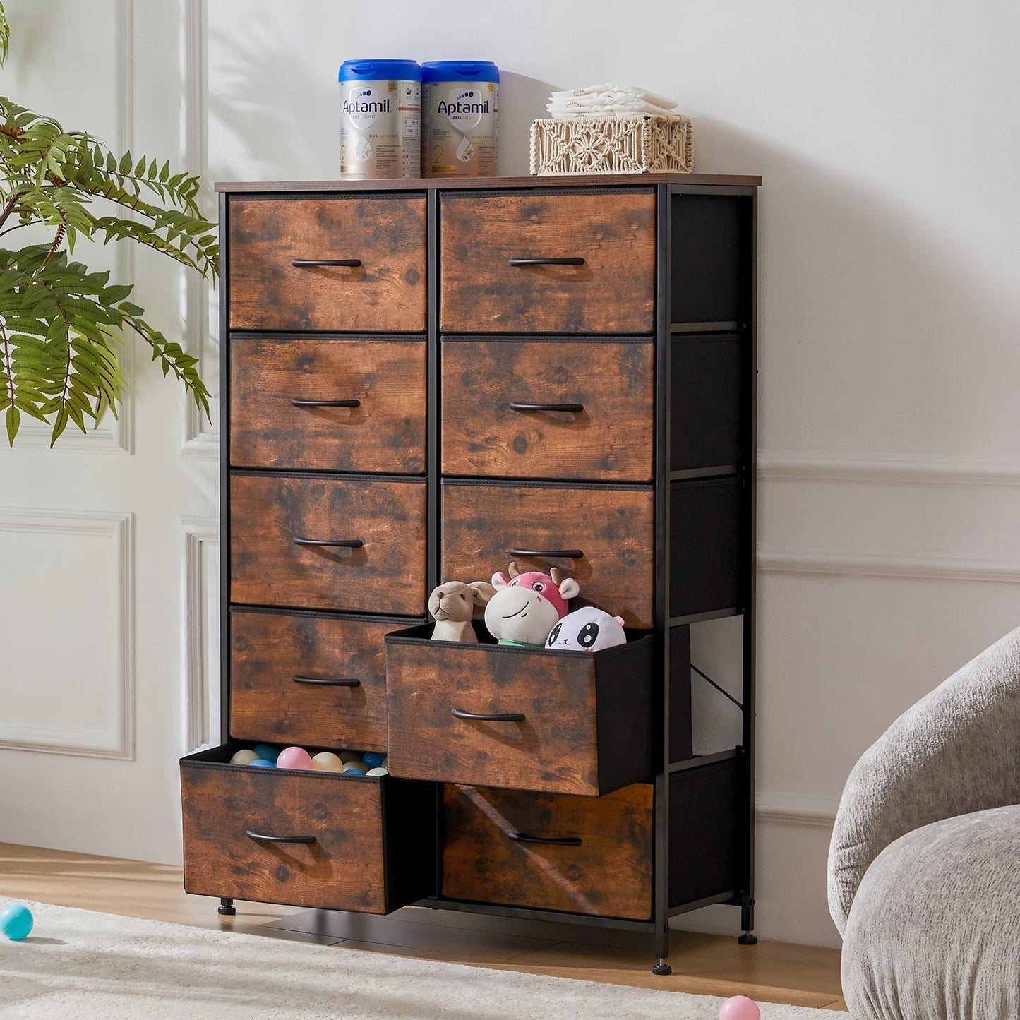 JHK Bedside Table With Fabric Drawers And Steel Frame Wardrobe