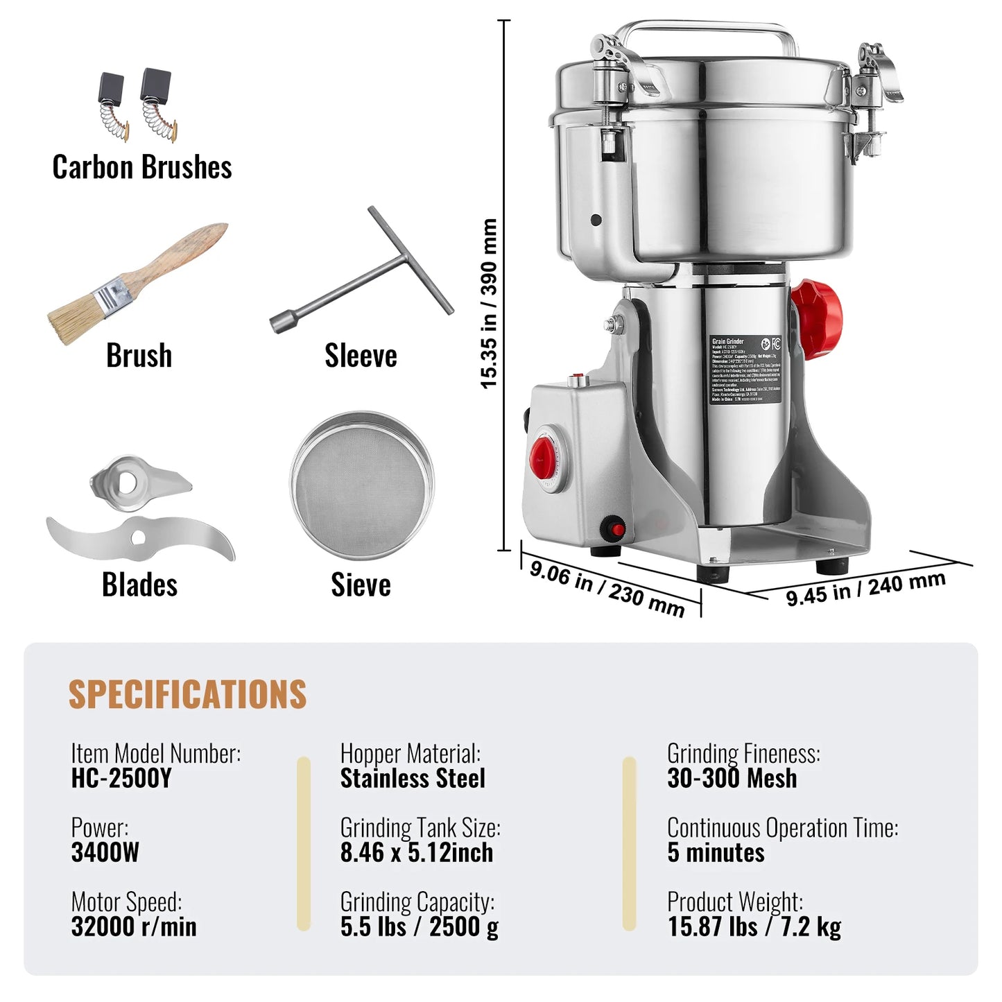 SucceBuy Electric Grain Mill Grinder 150-2500g For Dry Herbs Spices