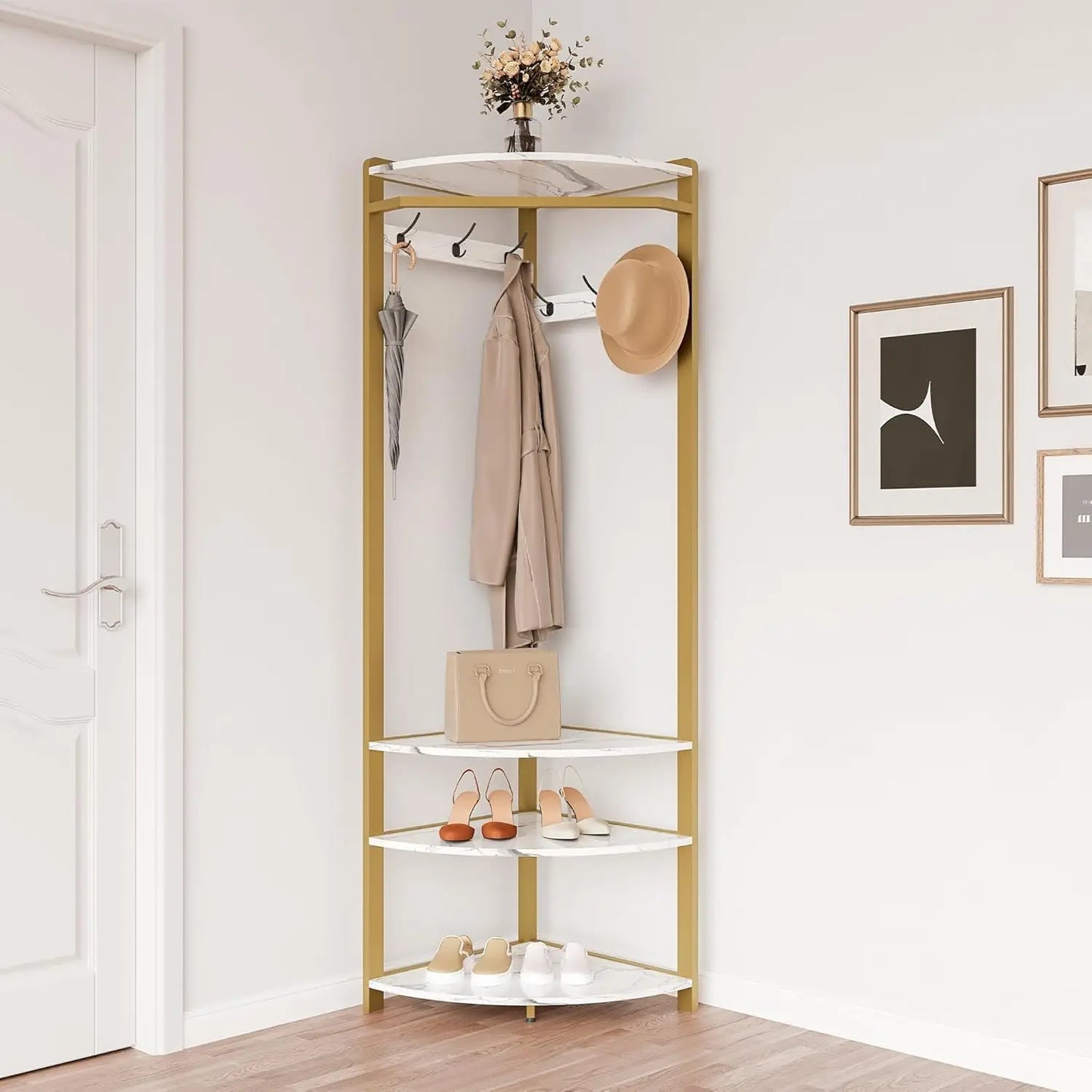HiMISS Corner Coat Rack Featuring 6 Hooks And 3 Shelves