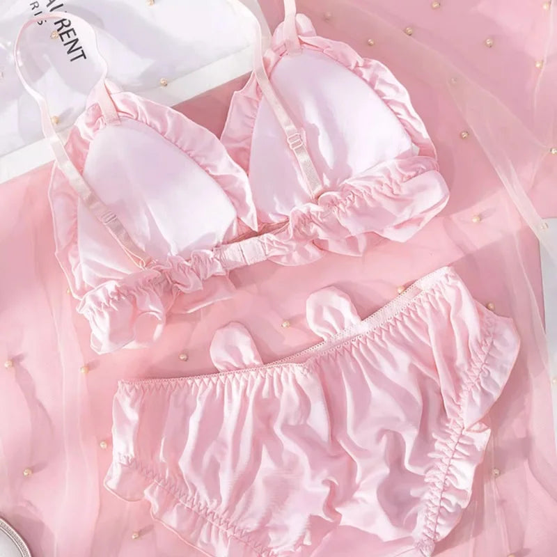 Women Plunge Bra And Brief Set With Bow Soft Polyester