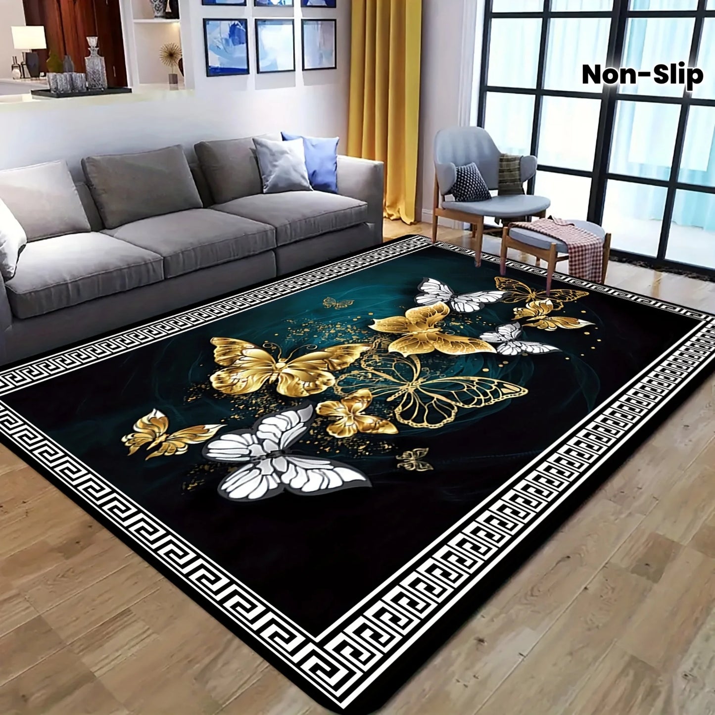 Golden And White Butterfly Pattern Printed Flannel Rug Non Slip Soft Carpet For Living Room Bedroom Elegant Decor Artistic
