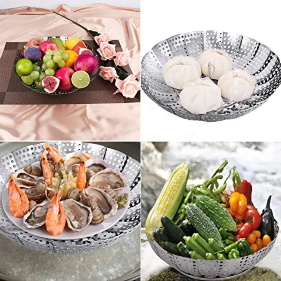 Veggie Vegetable Steamer Basket, Folding Steaming Basket, Metal Collapsible Stainless Steel Steamer Basket Insert, for Cooking