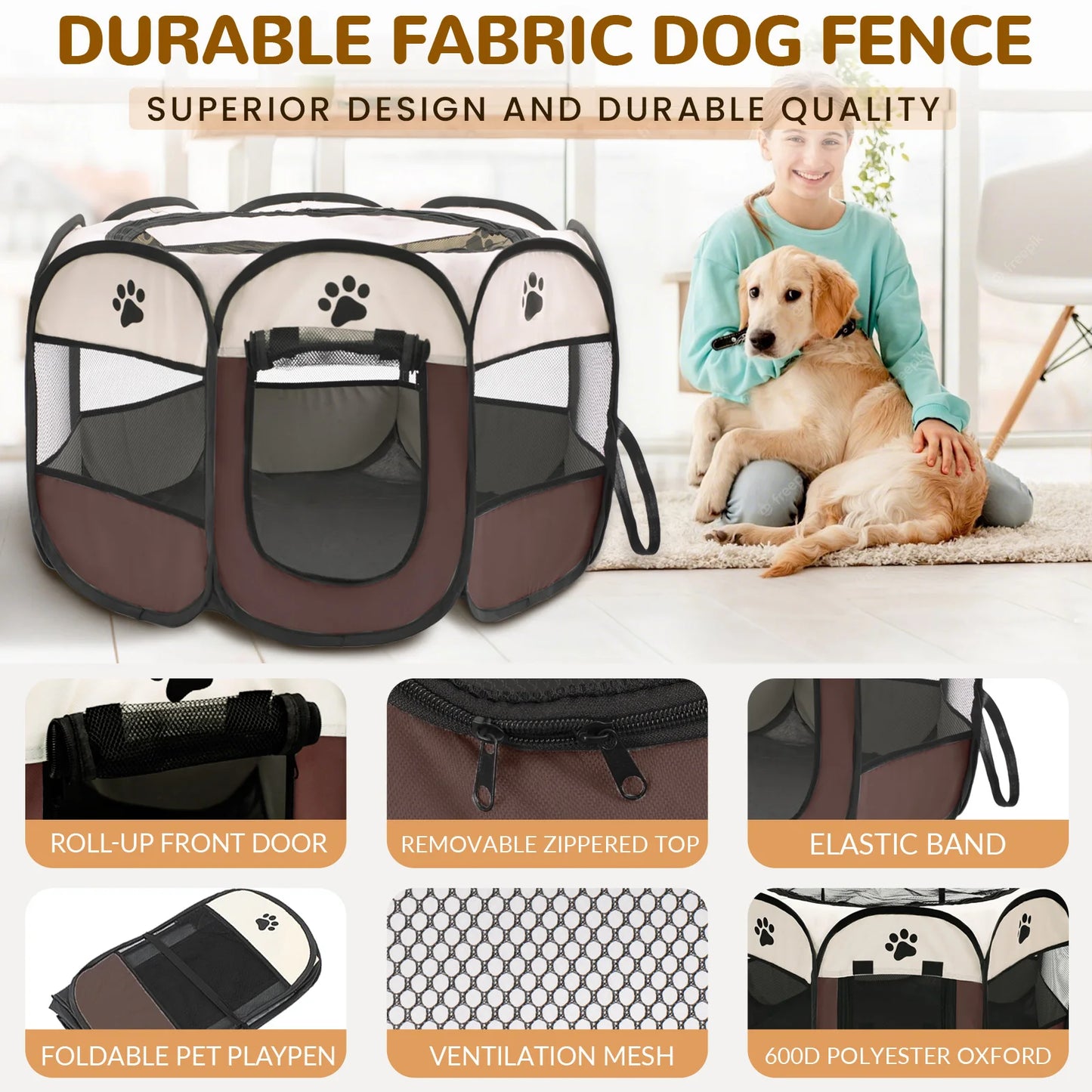 Foldable Pet Playpen For Dogs And Cats With Octagonal Design