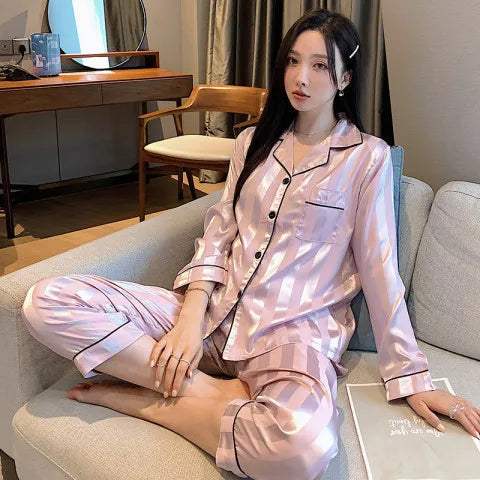 Women Satin Pajama Set Striped Two Piece Cardigan Roll Neck