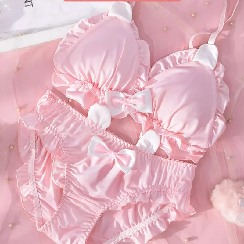 Women Plunge Bra And Brief Set With Bow Soft Polyester