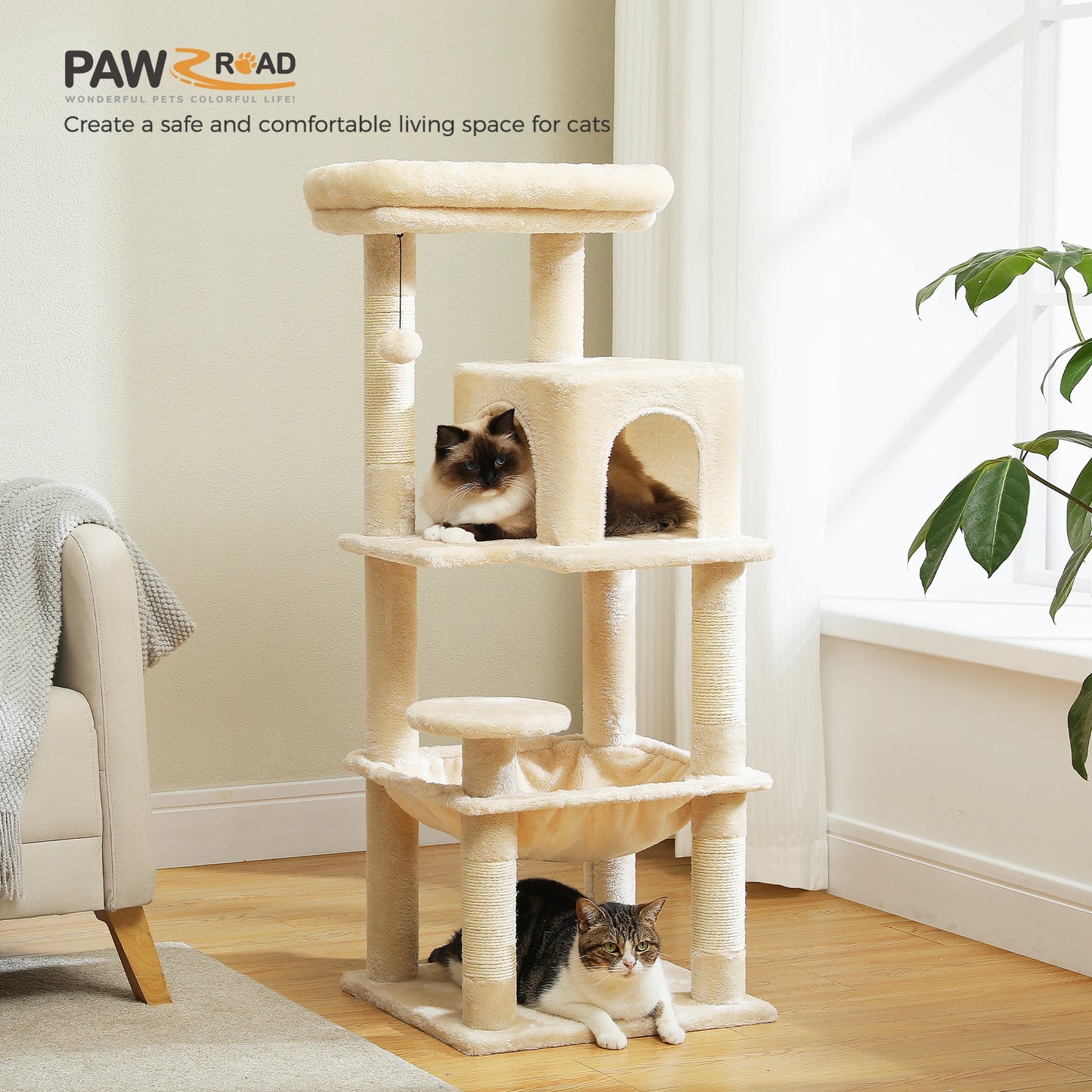 PETEPELA Cat Tree for Indoor Cats, 5-Level Large Cat Tower With Hammock