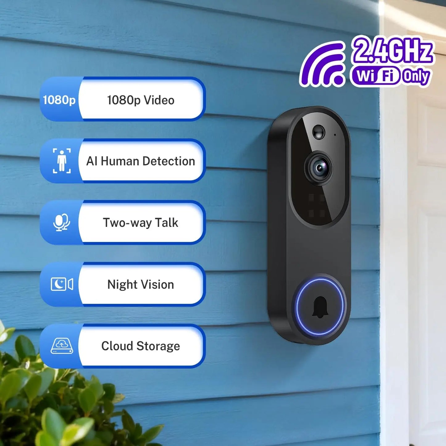 Wireless WiFi Doorbell Camera With Two Way Audio AI Motion Night Vision Storage