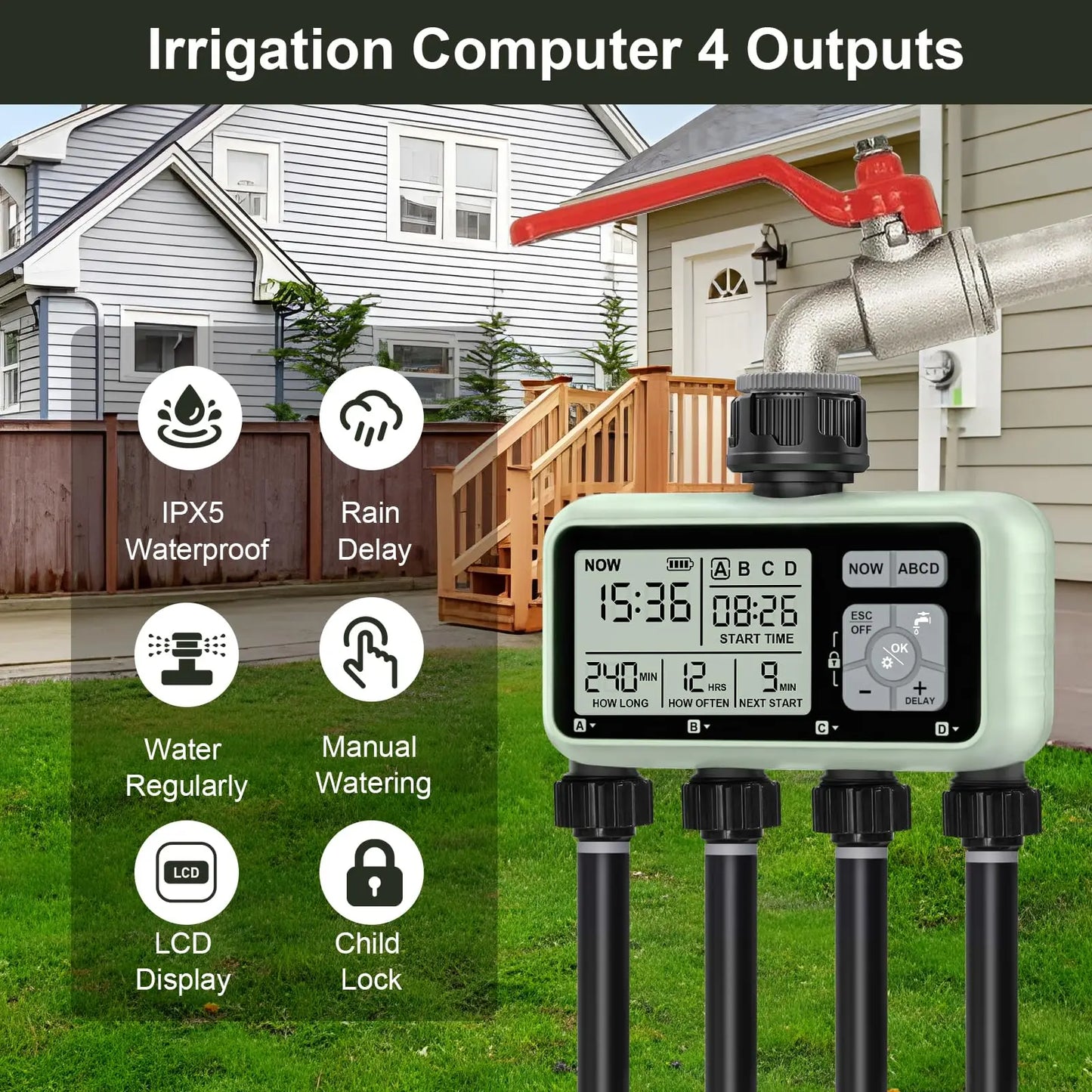 4 Zone Programmable Garden Watering Timer With Rain Delay