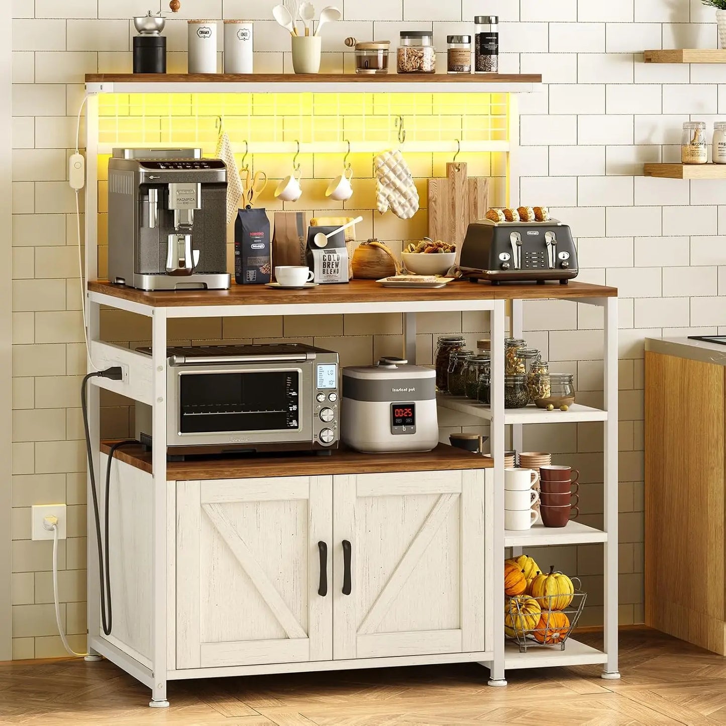 Bakers Rack with Power Outlet and LED Light, Microwave Stand with Storage Cabinet, Coffee Bar Cabinet Station, Customized