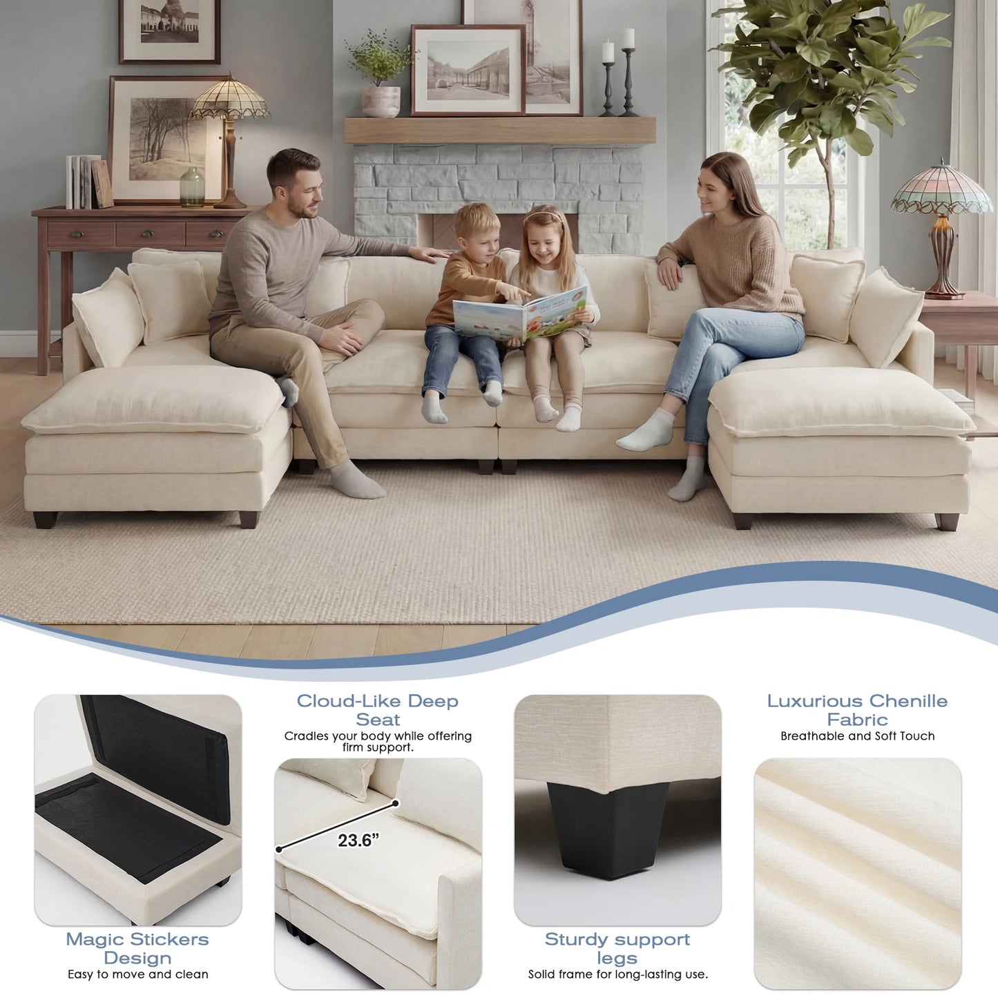 Redlife Modular Sectional Sofa With Ottoman Solid Wood Frame