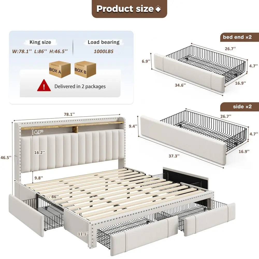 King Size Bed Frame with 4 Storage Drawers, 2Tier Vertical Tufted Storage Headboard, Platform King Bed Frame with Wooden Slats