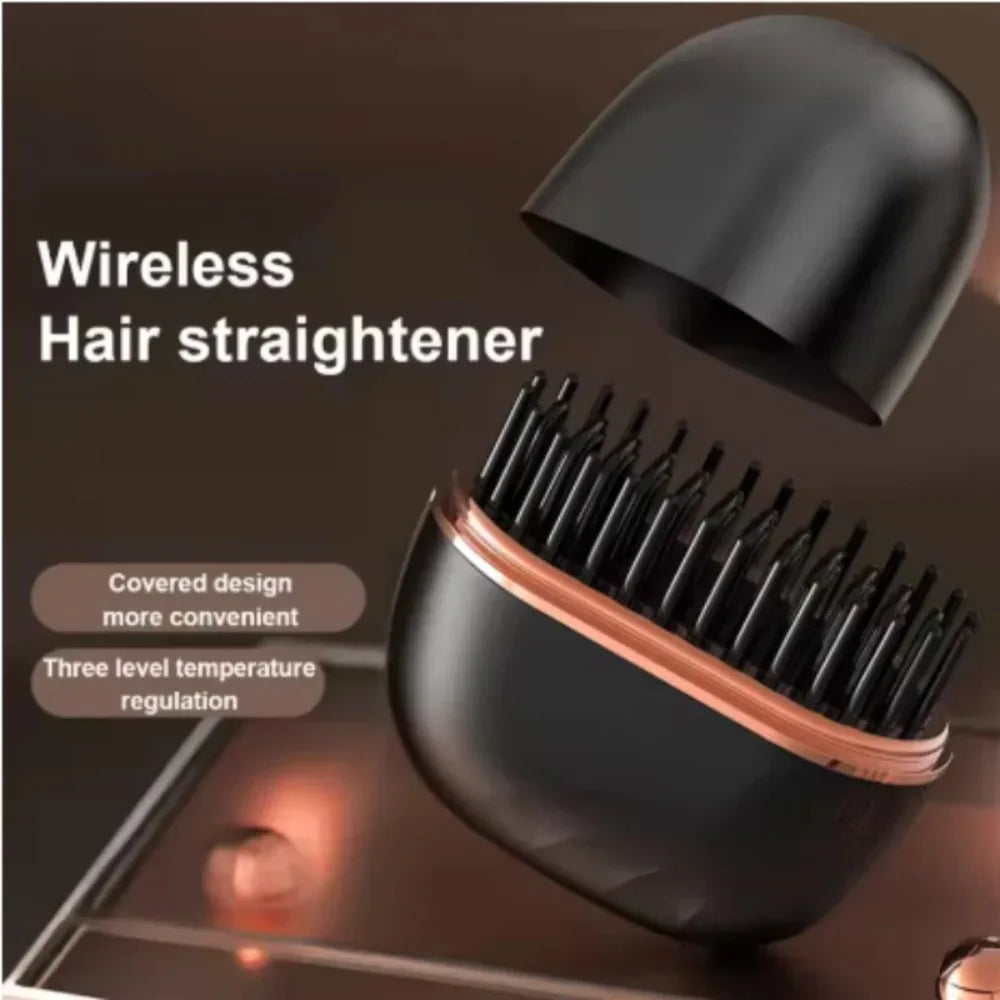 Mini Rechargeable Hair Straightener Brush: 3-Speed Temp Control, Anti-Scald Shell, Lightweight & Portable for Travel