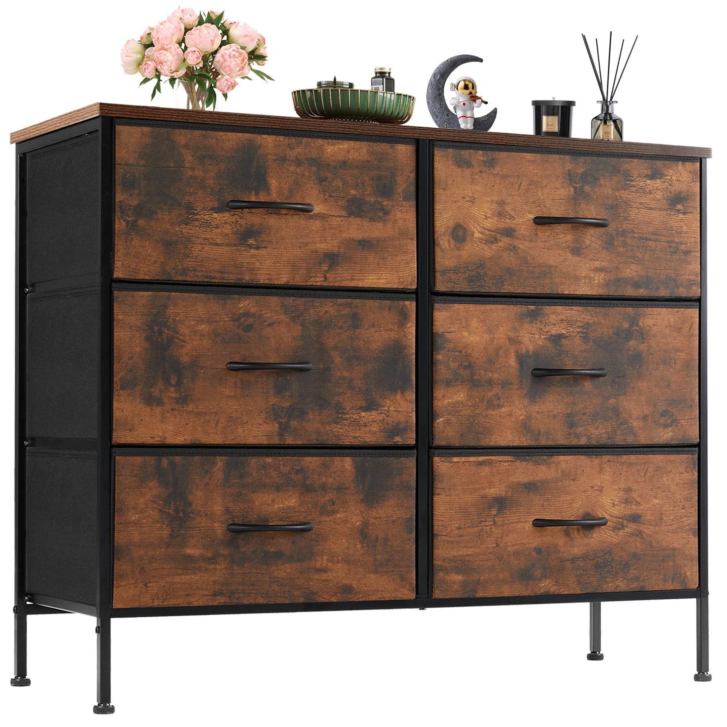 JHK Six Drawer Nightstand With Fabric Storage Chest Bedroom Furniture